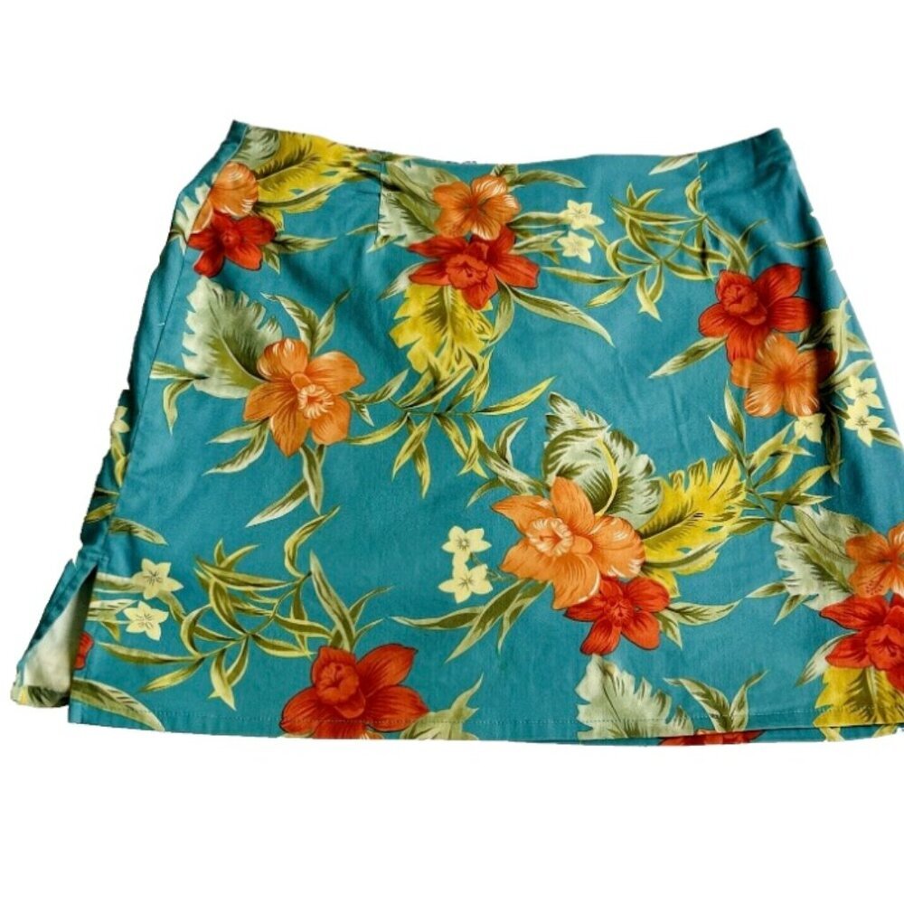 Caribbean Joe - Women's Teal Blue Tropical Floral Print Skort Shorts 16P